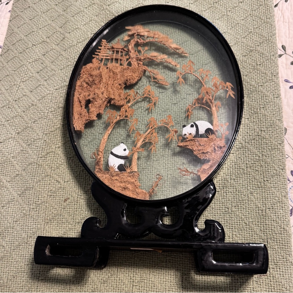 Vintage Chinese cork carving pandas‎ diorama